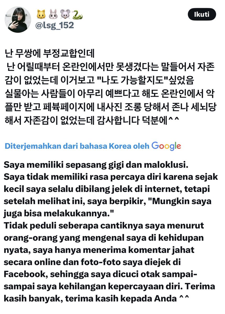 sosmedkeras's tweet image. Sumpah sedih lihat dia der! 

Dia adalah salah satu netizen korea yang berani post mukanya sendiri, dia juga adalah korban bully dan rasis dari knetz. Emang separah itu sih bully di korea😭.

Standart cantik dan sempurna disana emang separah itu yah makanya operasi plastik laris…