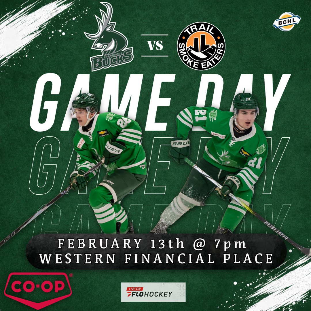 CranbrookBucks's tweet image. 🚨GAMEDAY TONIGHT!🚨

Puck drop at 7pm today as the Bucks take on the Trail Smoke Eaters!

Thank you to Cranbrook Co-op Gas Bar for sponsoring tonights game and intermission Slurpee Challenge!

See you at Western Financial Place!🦌

#FearTheDeer #gobucksgo #GoBucks #bchl