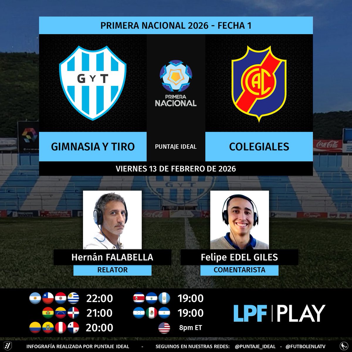 Puntaje_Ideal's tweet photo. ⚽️ #PrimeraNacional 🇦🇷 | #GimnasiaYTiro vs. #Colegiales 
🎙️ Relator: @falavoley 
🎙️ Comentarista: @FelipeEdelG 
💻📱 @LPFPlay en todo el mundo 🌎
Dale RT 🔃 https://t.co/laPtJ10zOL