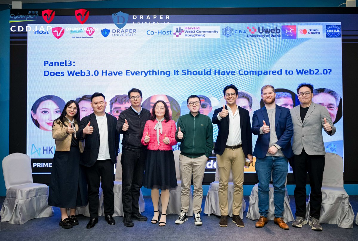 Jennyblockglobe's tweet photo. Moderated a panel at @DraperDragon  Summit @cyberport_hk  🇭🇰 (Consensus special + CDDJAP 2026 Spring launch) 🚀
Key takeaway: Web3’s next wave = real user needs, better UX, stronger trust.
Congrats CDDJAP, Draper Dragon &amp; Draper University!
Thanks Richard 🤝
#Web3 #AI #HongKong https://t.co/WnuhuPW4z2
