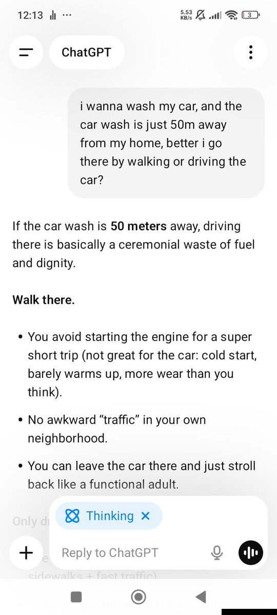 izestylus's tweet photo. GPT 5.2: "Walking is better for your health."
Gemini Pro 3: "Bro, how are you going to wash the car if it's still in the garage?" 🤦‍♂️ https://t.co/EmcR0rUnma