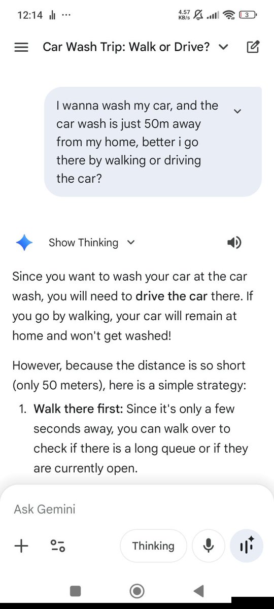 izestylus's tweet photo. GPT 5.2: "Walking is better for your health."
Gemini Pro 3: "Bro, how are you going to wash the car if it's still in the garage?" 🤦‍♂️ https://t.co/EmcR0rUnma