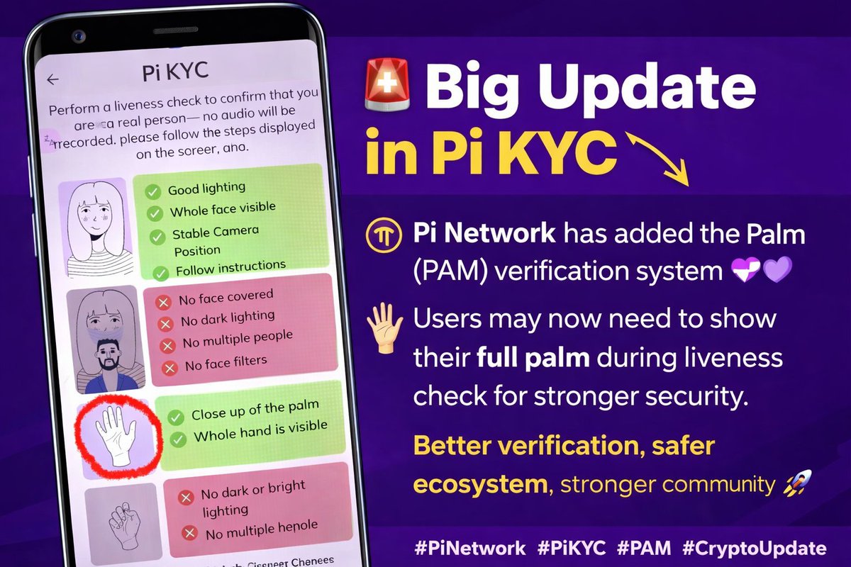 pibrens's tweet image. 🚨 Big Update in Pi KYC 🚨

Pi Network has added the Palm (PAM) verification system ✋💜 Users may now need to show their full palm during liveness check for stronger security.

Better verification, safer ecosystem, stronger community 🚀

#PiNetwork #PiKYC #PAM #CryptoUpdate