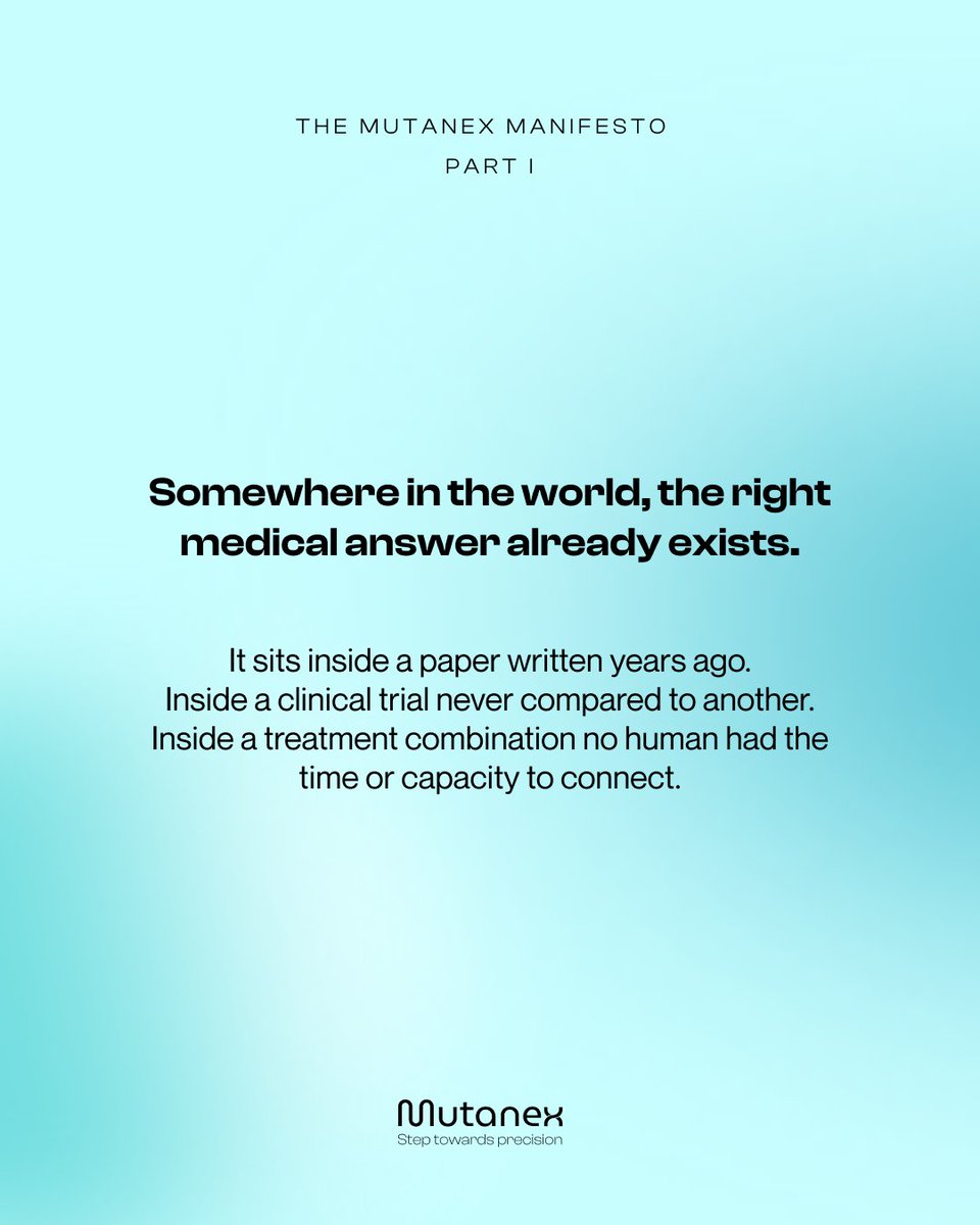 MutanexHealth's tweet photo. At Mutanex, we believe no one should wait for clarity when medicine already knows the answer. 

We’re building the bridge between knowledge and care.
 
This is a step towards precision.

#Mutanex #Manifesto #precisionmedicine #healthcare #askmutanex #doctor https://t.co/6rzMc3dQTY