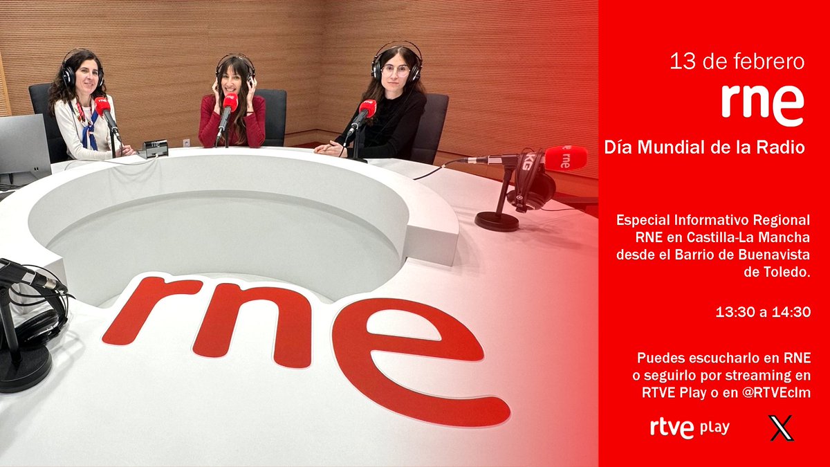 📻Día Mundial de la Radio 

RNE en Castilla-La Mancha sale a la calle en sus cinco provincias en sus cinco provincias 

A partir de las 13:30 horas informativos regionales desde el barrio de Buenavista de Toledo en <a href="/rne/">Radio Nacional</a> <a href="/radio5/">radio5</a> y <a href="/rtveplay/">RTVE Play</a> 📱⬇️⬇️

rtve.es/play/videos/di…