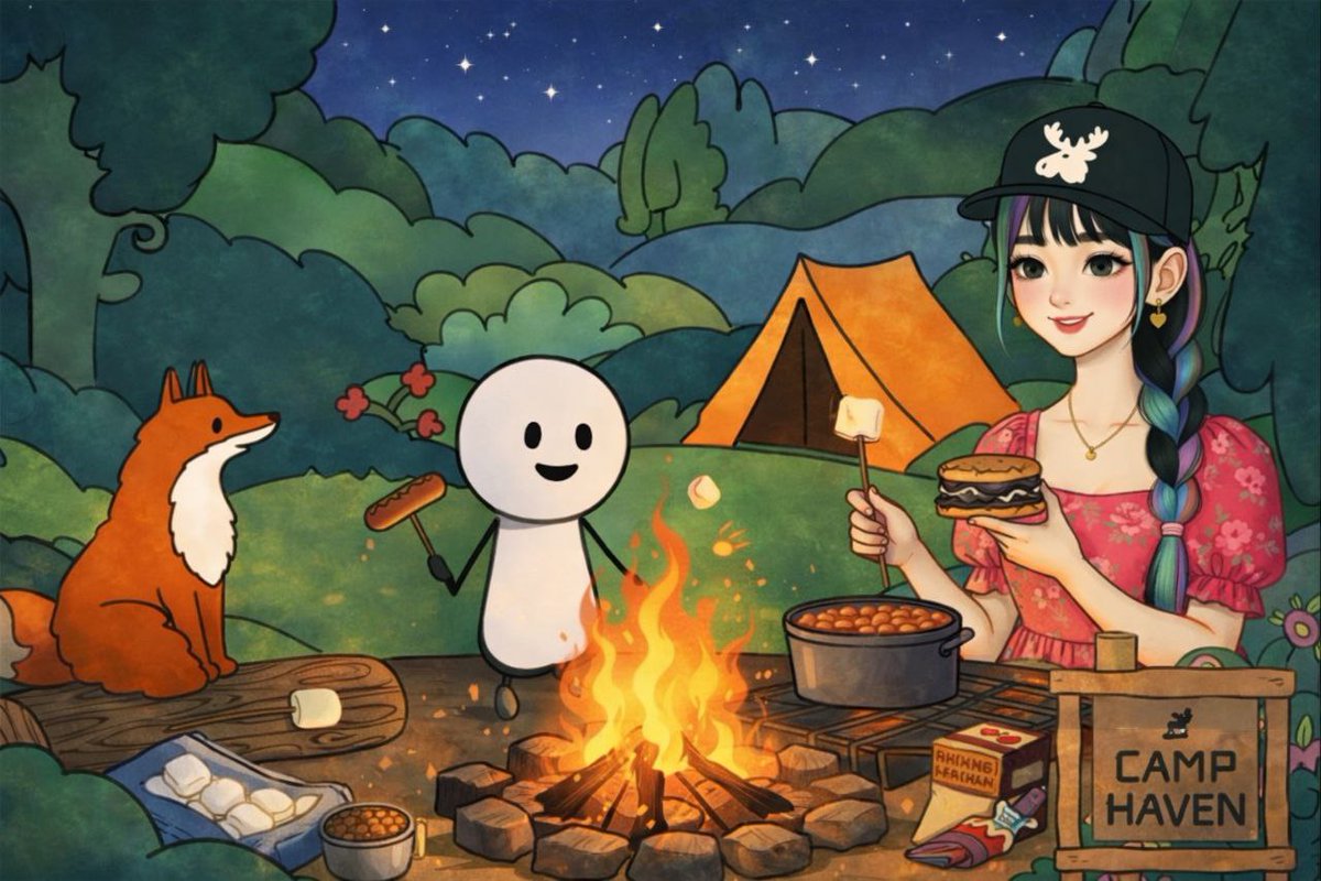 Marimars123's tweet photo. My first night at Camp Haven around the campfire! Iβm roasting marshmallows and hot dogs, sharing stories under the stars, and enjoying the warmth of the creative cabin. Excited to start my journey and bring imagination to life! @DataHaven_xyz #CampHaven #CreativeCabin #CampfireArt