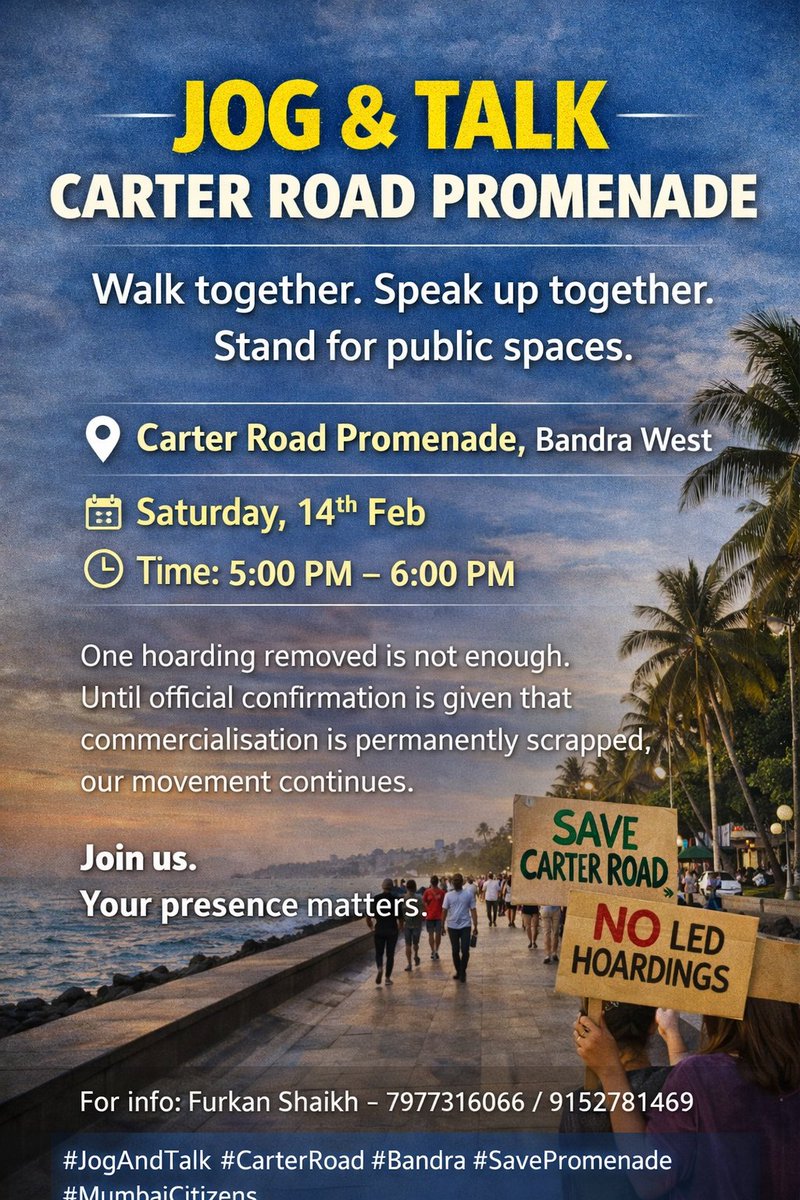 Furkanrshaikh's tweet photo. One hoarding down at #CarterRoad Promenade.
No official confirmation yet from @mybmc or ward corporator. Citizens & activists continue the fight. Join the #JogandTalk this Saturday, 14 Feb, 5–6pm.
#Bandra #Mumbai #SaveOpenSpaces https://t.co/8oCtn84gYT