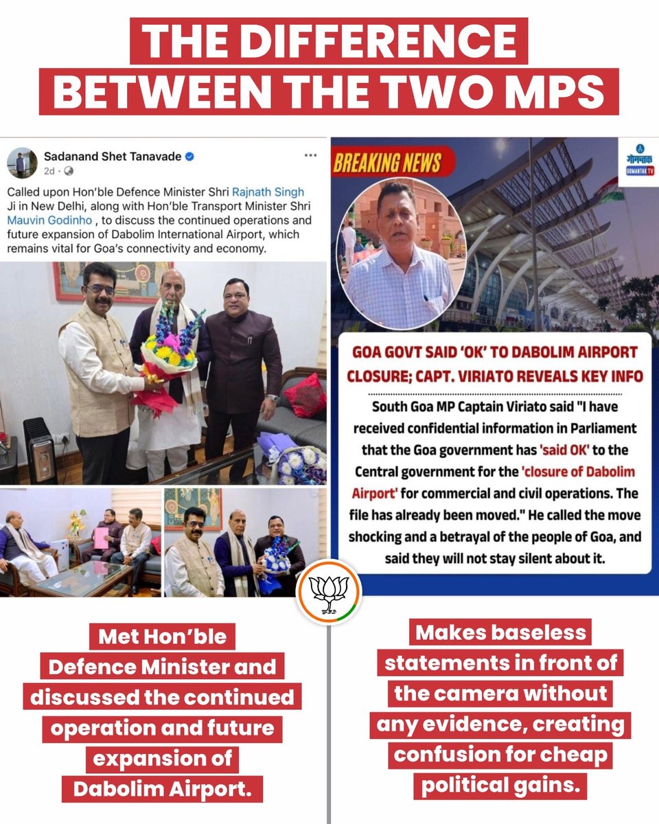 BJP4Goa's tweet photo. While Rajya Sabha MP Shri @ShetSadanand and Shri @MauvinGodinho took concrete action by meeting Hon’ble Defence Minister Shri @rajnathsingh, submitting a detailed memorandum, and discussing the continued operations and future expansion of Dabolim Airport to safeguard Goa’s tourism, jobs, and economy,

a certain Congress MP chose theatrics over responsibility, making baseless “confidential” claims about secret consent to shut Dabolim, alleging betrayal and conspiracy without any proof, only to spread panic, confuse Goans, and chase headlines through petty politics.

No meetings in Delhi, no memorandum, no constructive engagement, only media drama that risks hurting the livelihoods of South Goa.