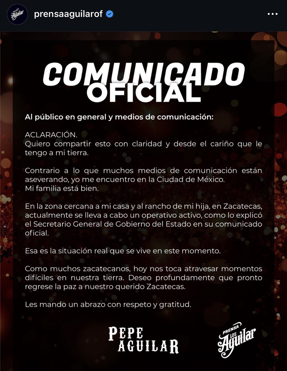Comunicado oficial de Pepe Aguilar y familia.