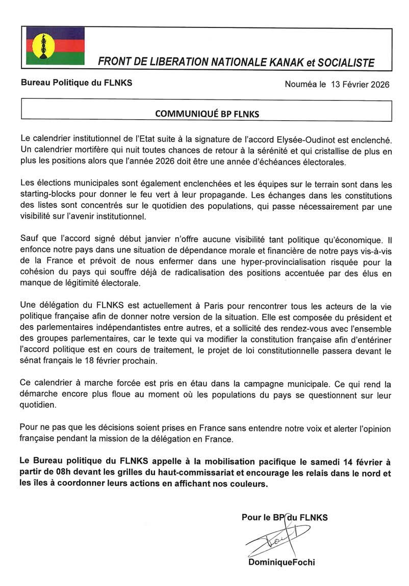 📢 𝐀𝐏𝐏𝐄𝐋 𝐀 𝐋𝐀 𝐌𝐎𝐁𝐈𝐋𝐈𝐒𝐀𝐓𝐈𝐎𝐍 
Le #FLNKS appelle à la mobilisation contre le calendrier mortifère de l'État Français 
RDV demain samedi 14 fevrier devant le Haut commissariat à Nouméa 
Likez et partagez ce communiqué 
#pasdebougival 
#exitlesracistes 
#FLNKS