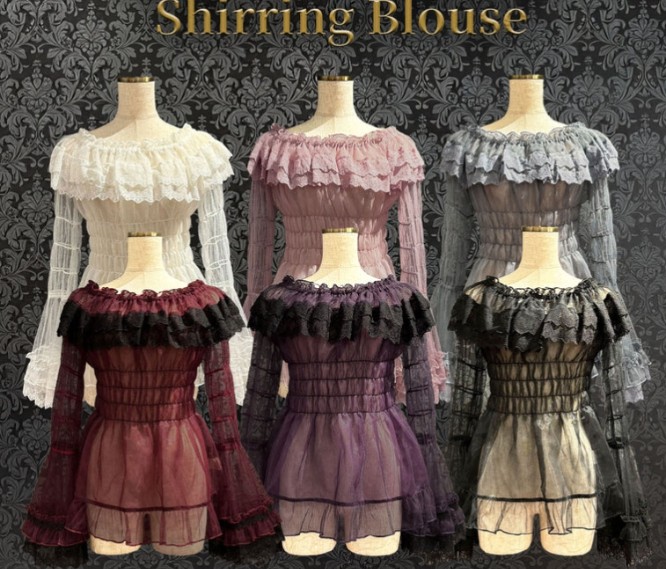 ꫛꫀꪝ✧‧˚ ATELIERPIERROT Sheer Off-Shoulder Shirring Blouse