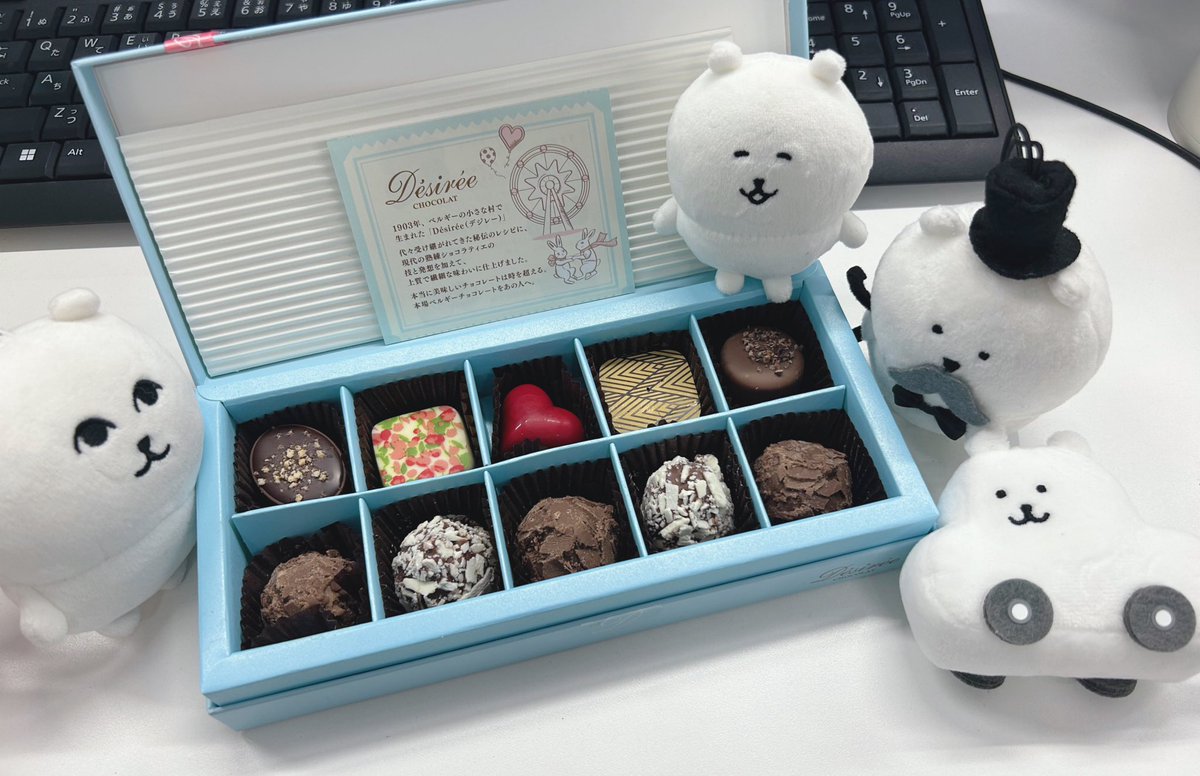 会社で頂いたバレンタインのチョコだよ、くまたち