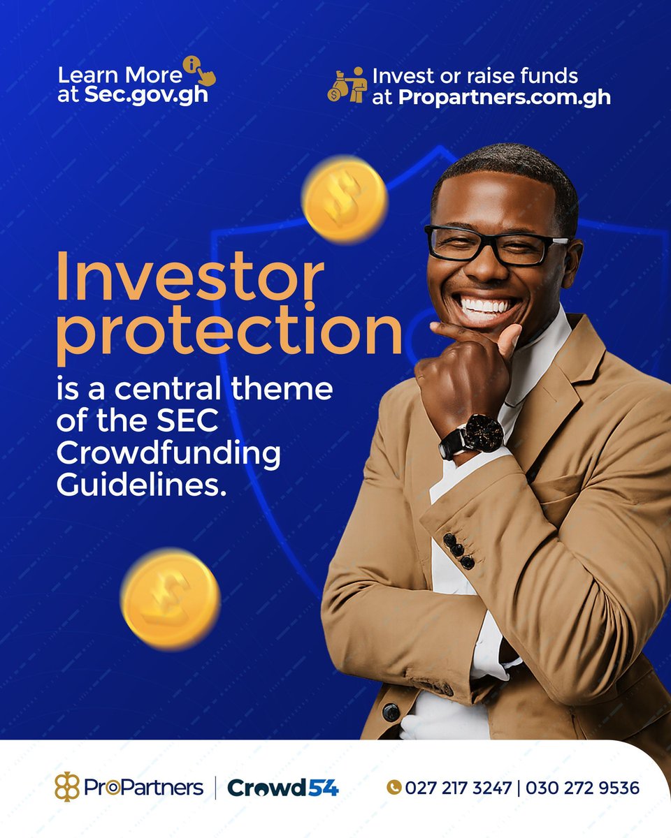 propartnersgh's tweet photo. Investor protection is a central theme of the SEC Crowdfunding Guidelines. 

Learn more at https://t.co/H9flU7yWAB 

Invest or raise funds at https://t.co/aI1QEm0vNZ 

#Propartners #Crowdfunding #Guidelines #Investing #Fundraising #SEC #SPV #MSME #SME #Startup #Ghana https://t.co/VUHHD3WVyC