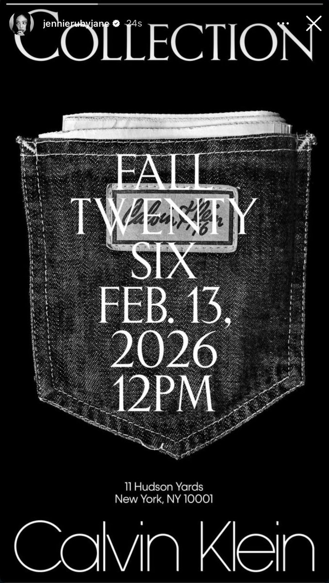 JENNIE is set to attend the CALVIN KLEIN Collection Fall 2026 by Veronica Leon.

The show will start at 12 PM EST Feb. 13, 2026 / 1 AM KST Feb. 14, 2026.