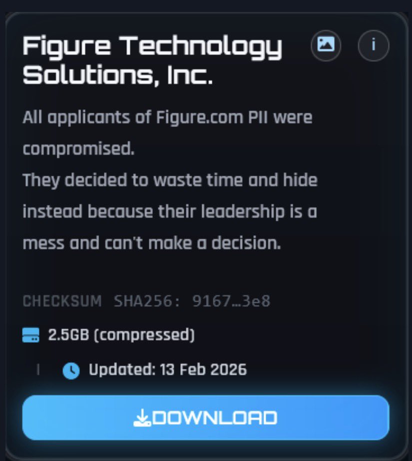 🚨 🇺🇸 NEW CLAIM : ShinyHunters drops 2.5 GB of PII from Figure Technology Solutions

US fintech (blockchain HELOCs &amp; mortgages) hit.  

Impacted data (alleged):
• Full names, SSNs, addresses  
• DOBs, emails, phones  
• Income, bank records, loan apps  
• KYC docs &amp; credit
