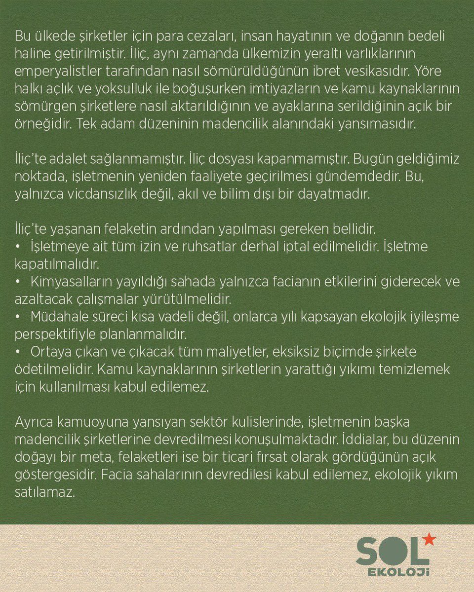 SolEkoloji's tweet image. Bugün, İliç altın madeni faciasının yıldönümündeyiz. 

Bu felaket, sadece bir iş cinayeti değil, göz göre göre gelen, bilim insanlarının ve meslek odalarının tüm uyarılarına rağmen yaşanan bir ekolojik ve insani yıkımdır.