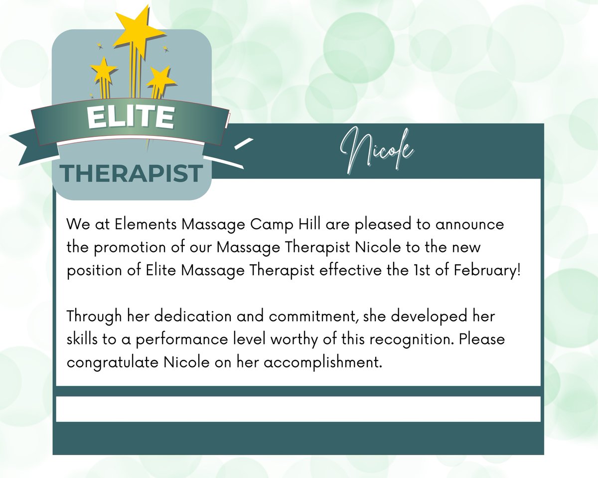 ElementsCH17011's tweet photo. Congratulations to Nicole on being promoted to Elite Massage Therapist!
Book - https://t.co/qD8lIIphAN #massagecamphill #massagetherapy #skincare #facials #wellnessgoals #WellnessJourney #nourishingskincare #booktoday #winter #newyear https://t.co/nJbTN7pBku