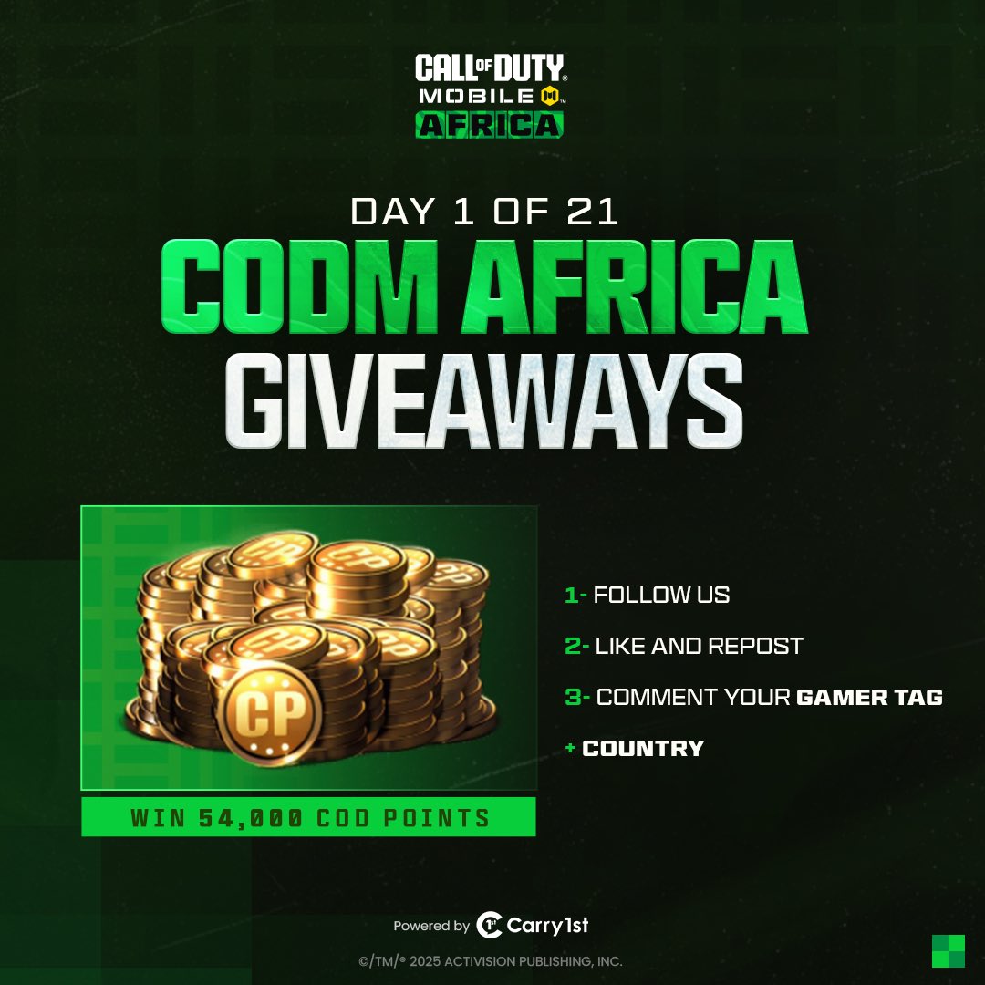 CODMAFRICA's tweet image. Day 1 of 21 Days of Epic Wins🔥

54,000 COD Points are up for grabs, split across 5 winners.

How to enter:
• Follow this account
• Like and share this post
• Comment your country flag + Gamer Tag

Winners will be chosen at the end of the day.
Goodluck soldiers🫡

#CODMAfrica