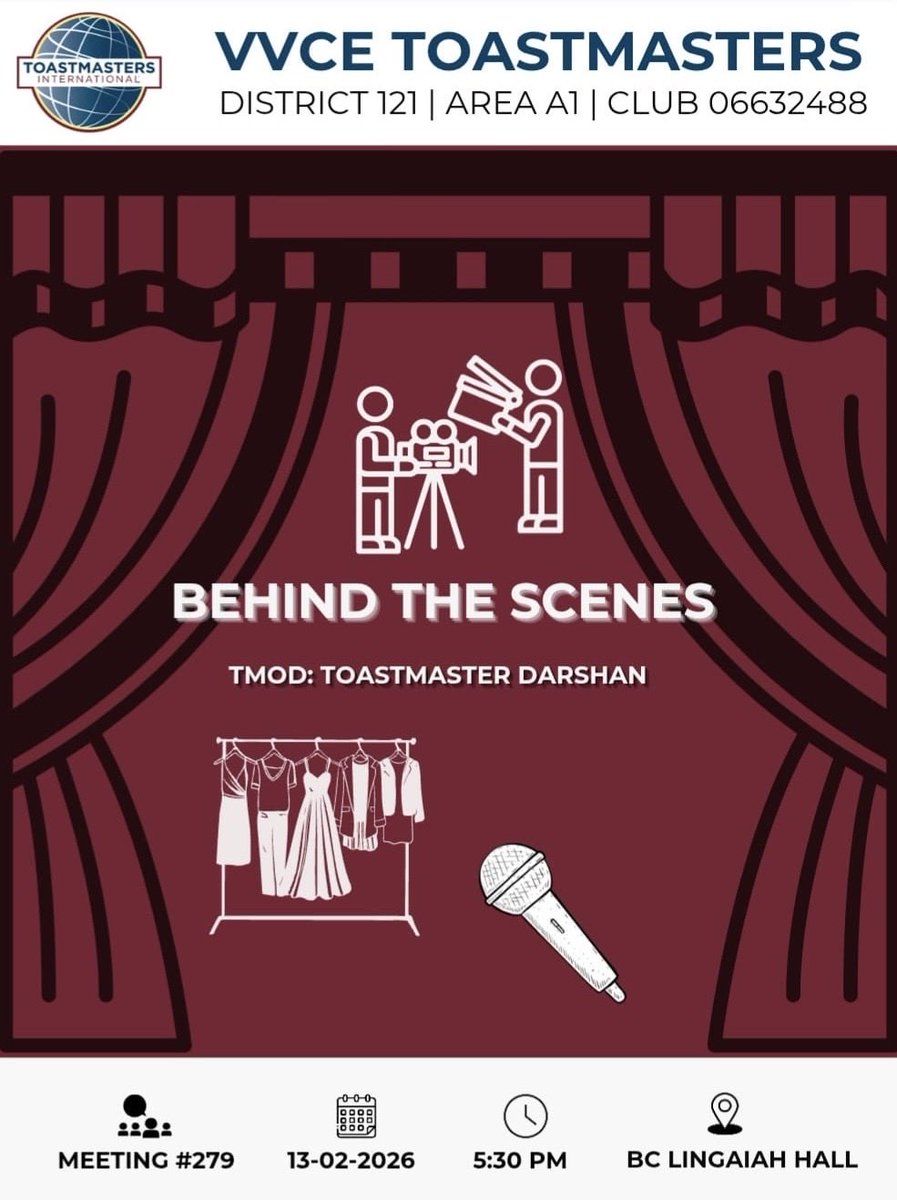 vvce_tm's tweet photo. 🎭✨
Join us for our next meeting as we step into the theme “Behind the Scenes”  a deep dive into the preparation behind every compelling performance. Because long before the applause, there are drafts, rehearsals, feedback loops, and growth. https://t.co/lQfhsMHpJr
