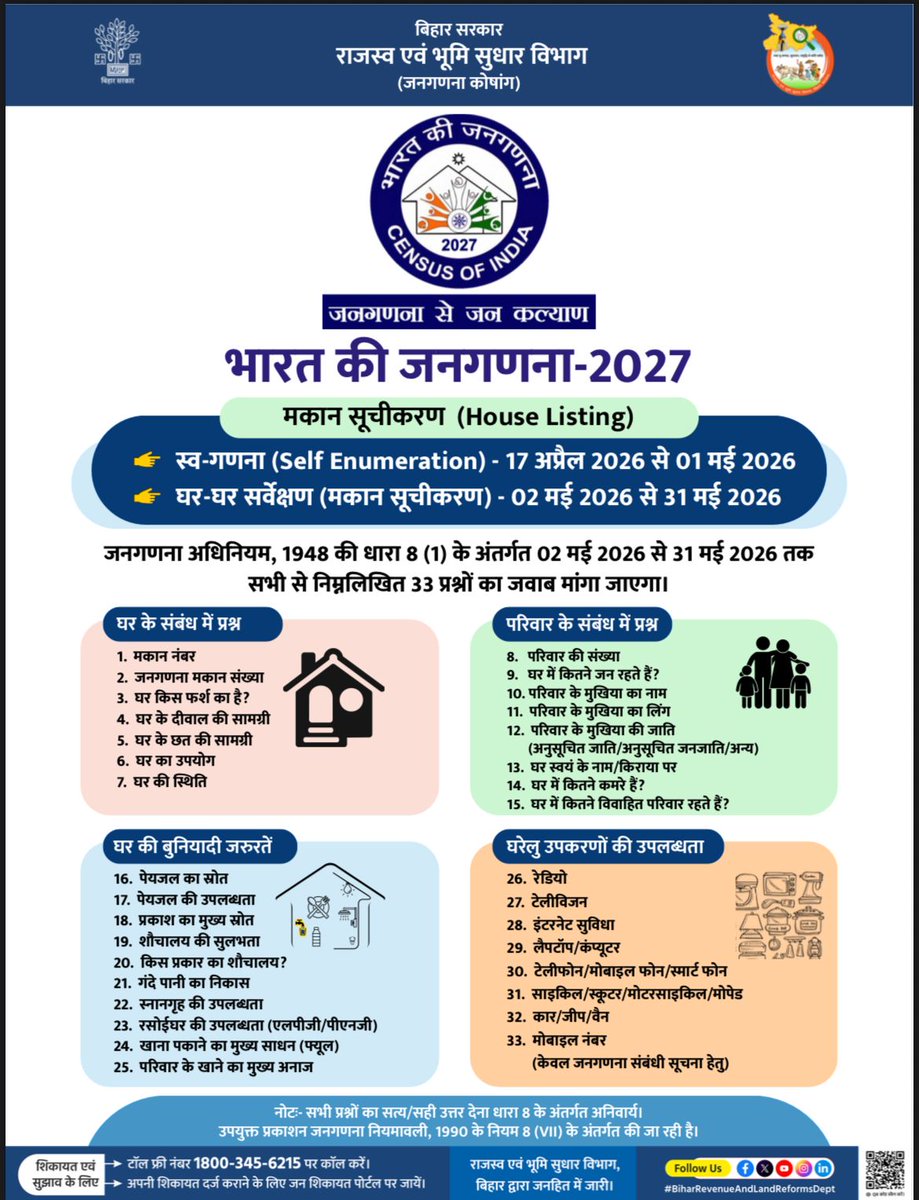 भारत सरकार की अधिसूचना के अनुसार, बिहार में <a href="/CensusIndia2027/">Census India 2027</a>  की प्रक्रिया शुरू हो चुकी है। 17 अप्रैल 2026 से 01 मई 2026 तक स्व-गणना (ऑनलाइन) की व्यवस्था रहेगी, जिसमें नागरिक स्वयं अपनी जानकारी पोर्टल पर दर्ज कर सकते हैं। 

#Census #DigitalBihar #Population 
#BiharBhumi