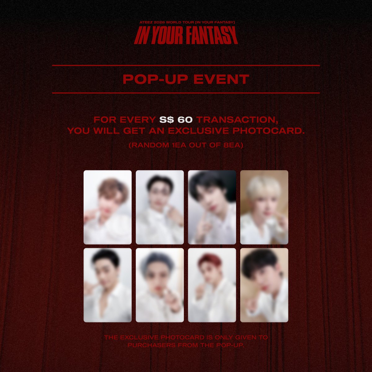 #ATEEZ [2026 WORLD TOUR : IN YOUR FANTASY]

🖤#SINGAPORE POP-UP INFO❤️

📌Operating Date / Hours
Feb 19th Thu ~ Feb 24th Tue
11:30AM ~ 7:00PM

📌Location
 3 Temasek Blvd 3 &amp; 4 #03-364/365 Singapore 038983

📌ateezgoods.com/pop-up/singapo…

See you soon, ATINY ❤🖤