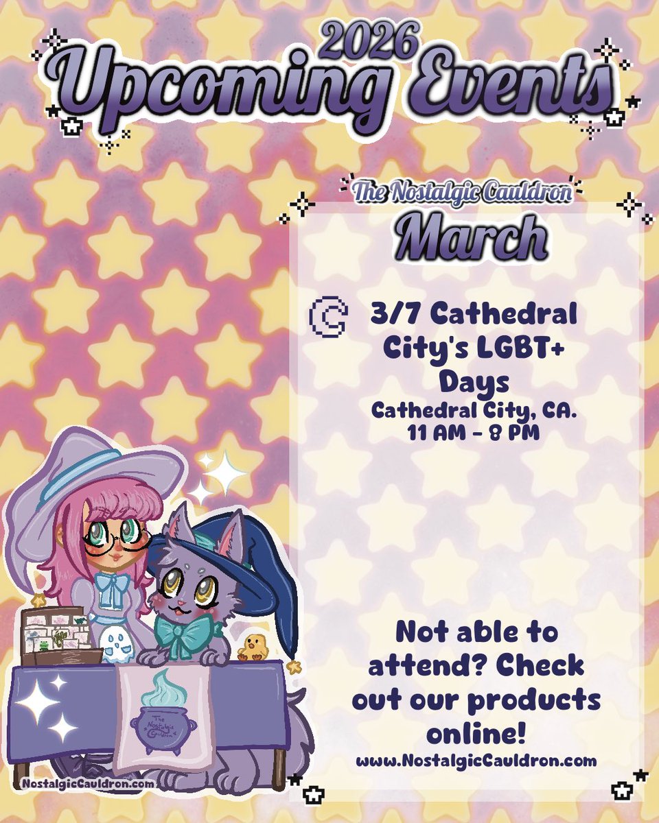 NostaCauldron's tweet photo. It’s time for our first event of the year! Please come check out what we have been brewing up in our store.

⭐️This March we will be participating in:
 - 3/7/26 Cathedral City’s LGBT+ Days (@cathedralcitylgbtdays) in Cathedral City, CA. 11 AM - 8 PM. https://t.co/ck2ubf1DYk