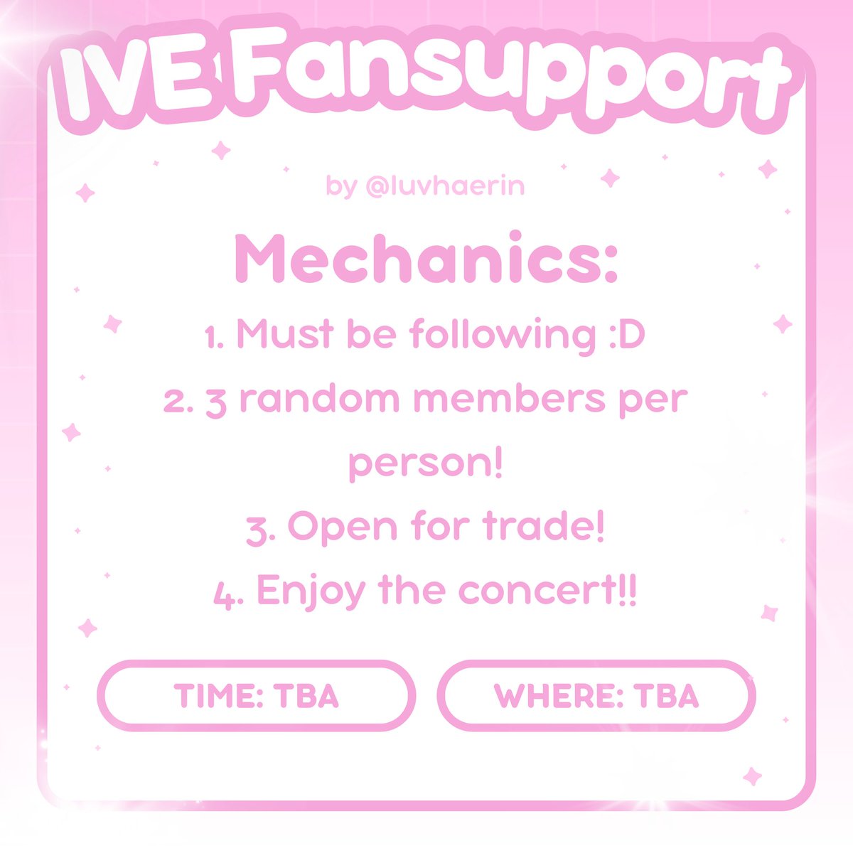 my fan support for IVE 🩷

📍TBA
⏰ TBA
💌 will give random official ive merch 
✅ open for trade

LIMITED QTY only

<a href="/IVEstarship/">IVE OFFICIAL</a>
#SHOW_WHAT_I_AM_in_Manila