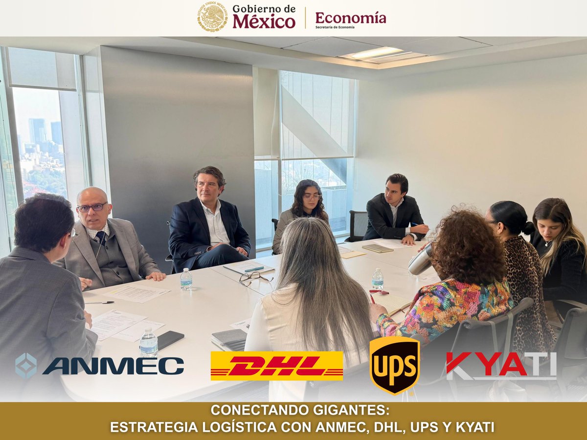 lic_aguadohdez's tweet photo. 🤝📦 Conectando gigantes por una logística más competitiva

Realizamos una sesión de trabajo con ANMEC, DHL, UPS y KYATI para fortalecer la estrategia #logística y las #cadenasdesuministro del país.

Participaron Adriana Romo (#UPS); José Aguilar Méndez y Manuel Montes Bertín (#DHL); Alejandra Fernández Aguilar (#KYATI); Diego Naveda Prieda y Sofía Campos (#ANMEC).

Seguimos impulsando coordinación público-privada para consolidar a México como hub logístico global. 🇲🇽