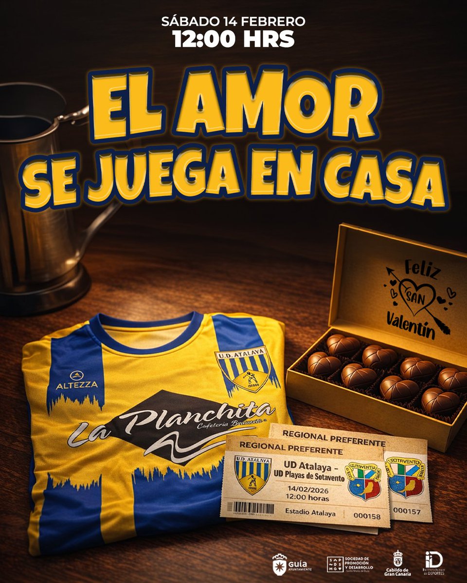 Este San Valentín, el amor se juega en casa.💛💙
Este sábado 14 de febrero a las 12:00 horas en el Estadio Atalaya, nuestro primer equipo se enfrenta en una nueva jornada liguera a la UD Playa de Sotavento.

Que mejor plan, para celebrar el día de San Valentín. TE ESPERAMOS !!