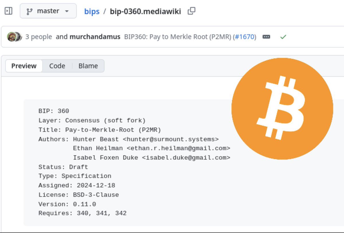 比特币改进提案BIP 360已合并到官方比特币BIP存储库中，旨在加强比特币对抗量子。

Isabel 是联合作者 <a href="/isabelfoxenduke/">Isabel Foxen Duke⚡️</a> ，她也曾经是Ordinals生态里最最低调的贡献者。

恭喜，名至实归。