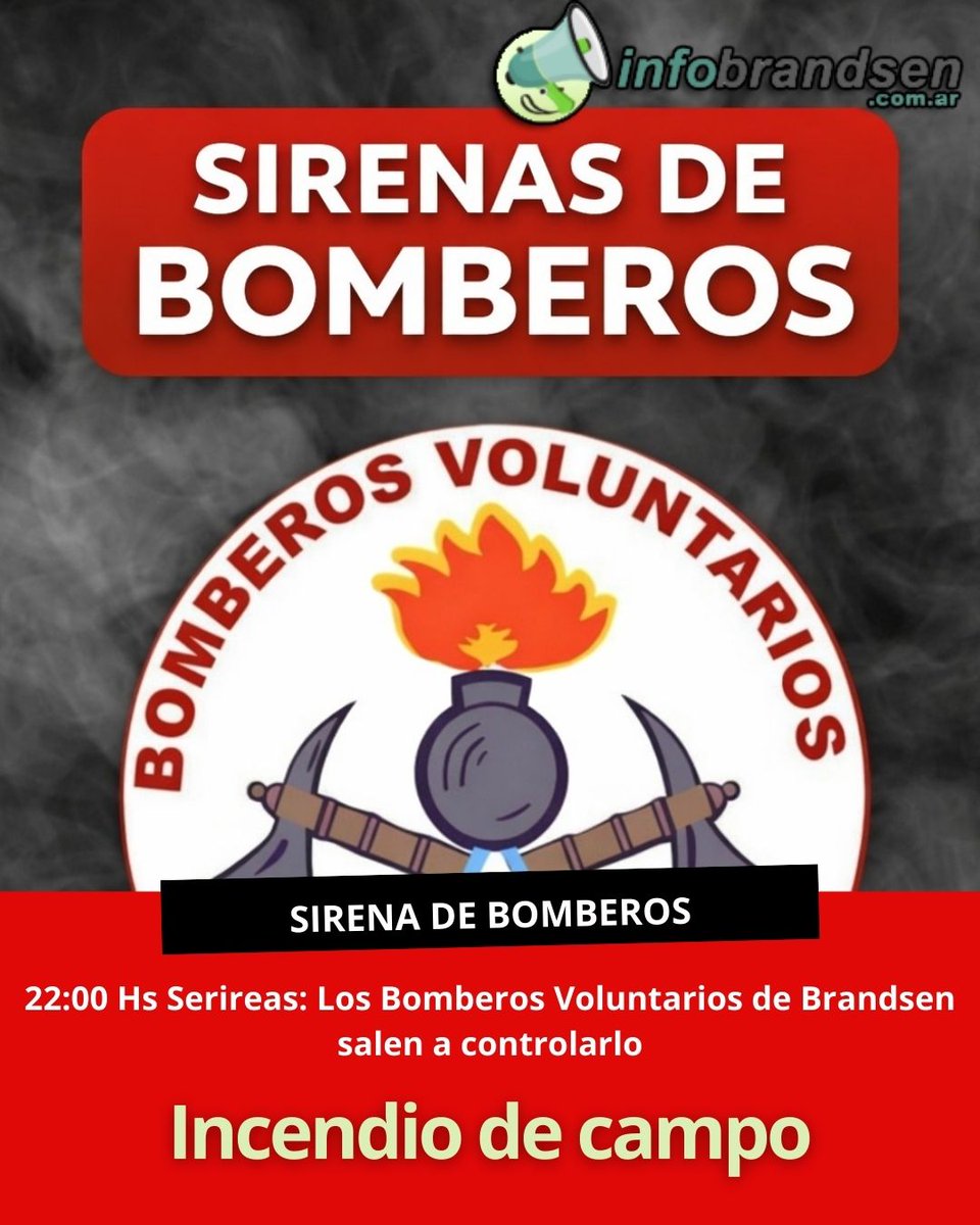 🚨 SIRENAS DE BOMBEROS EN BRANDSEN 🚨
<a href="/BomberoBrandsen/">Bomberos Voluntarios Brandsen</a> 
Pasadas las 22:00 hs se escucharon sirenas en la ciudad. Los Bomberos Voluntarios de Brandsen acudieron a un incendio de campo en calle Pintos al fondo
