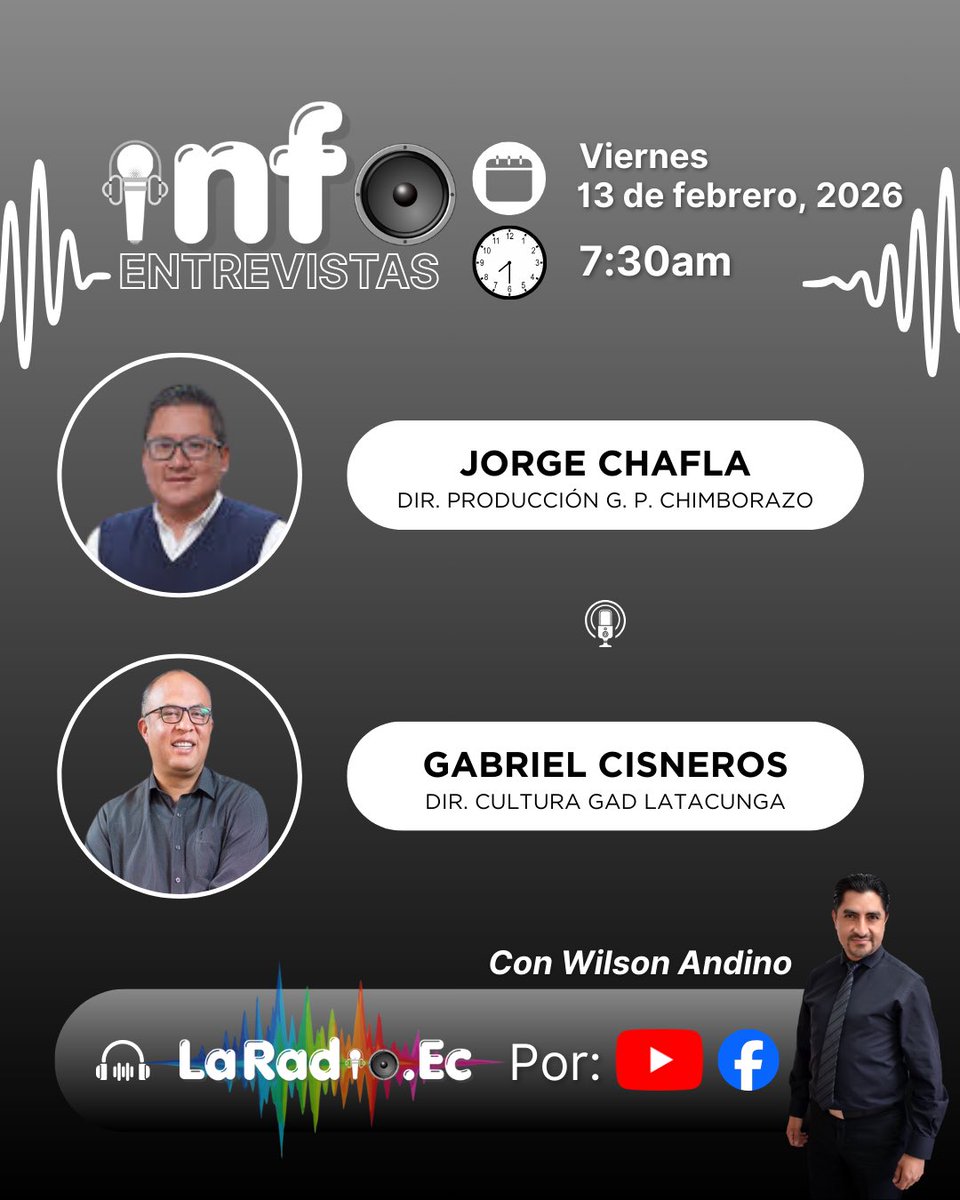 🎙️ inf🔘 viernes 13/02/2026 🎧 con <a href="/WilsonAndinoV/">𝗪𝗶𝗹𝘀𝗼𝗻 𝗔𝗻𝗱𝗶𝗻𝗼 🎙 💡 🧩</a>.

🗣️ Jorge Chafla, Dir. Producción GP Chimborazo “Carnaval en Chimborazo”.
🗣️ Gabriel Cisneros, Dir. Cultura GAD Latacunga “Carnaval en Latacunga”.

🎥Por YouTube y Facebook de LaRadioEc👍🏻

#Ecuador #carnaval #Chimborazo #Cotopaxi