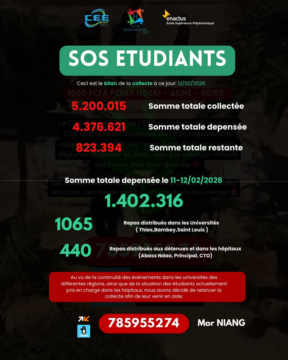 🚨Bilan du 12/02/2026 
Voici les actions qui ont été menées hier et aujourd’hui
Vu la continuité des événements et les besoins de la prise en charge hospitaliere des étudiants blessés, nous relançons la collecte sur le même numéro. 
pay.wave.com/m/M_sn_ZrMUjYA…