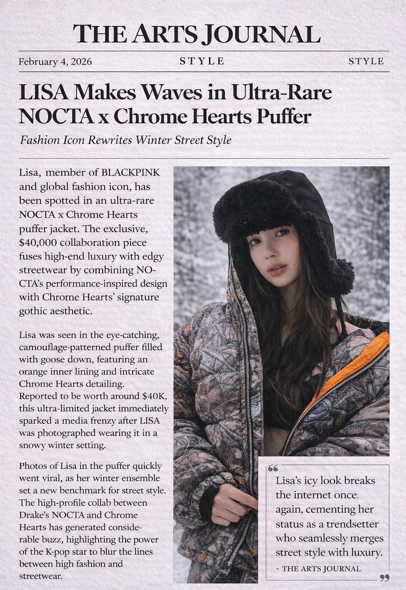 multitimes's tweet image. Lisa redefines winter street style in a rare NOCTA x Chrome Hearts puffer, blending luxury and edge in one iconic look. 

#Lisa #Nocta #Chrome
