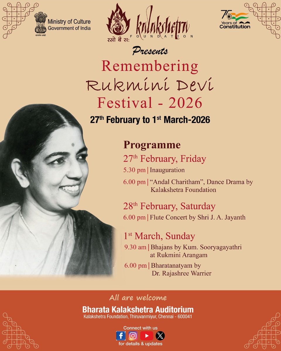 Kalakshetra Foundation is coming up with Remembering Rukmini Devi Festival from 27th Feb to 1st March, 2026.
<a href="/MinOfCultureGoI/">Ministry of Culture</a> 
<a href="/gssjodhpur/">Gajendra Singh Shekhawat</a> 
<a href="/Rao_InderjitS/">Rao Inderjit Singh</a>