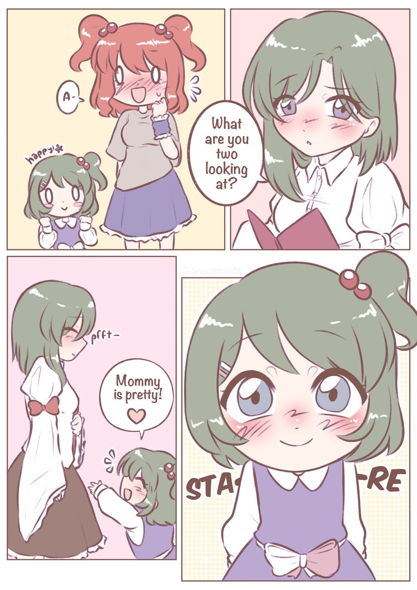 #ママヤマとエイ

“Mama Eiki new haircut!”

Thats was supposed to be longer, but i lost the pages by accident. Looks different because i had to edit the pages to color them, hope yall like it anyways TT