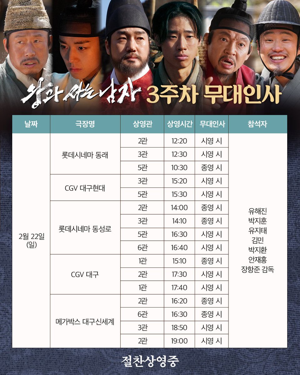 AttoPicture's tweet photo. 왕과 사는 남자 개봉 3주차 무대인사
2월 21일 ~ 2월 22일 부산, 대구
장항준 감독, 유해진, 박지훈, 유지태, 김민, 박지환, 안재홍 참석 예정
(+ 박지훈 배우 추가)

#왕과사는남자 #무대인사 #부산 #대구
#장항준감독 #유해진 #박지훈 #유지태 
#김민 #박지환 #안재홍 https://t.co/LqstOHKkjL