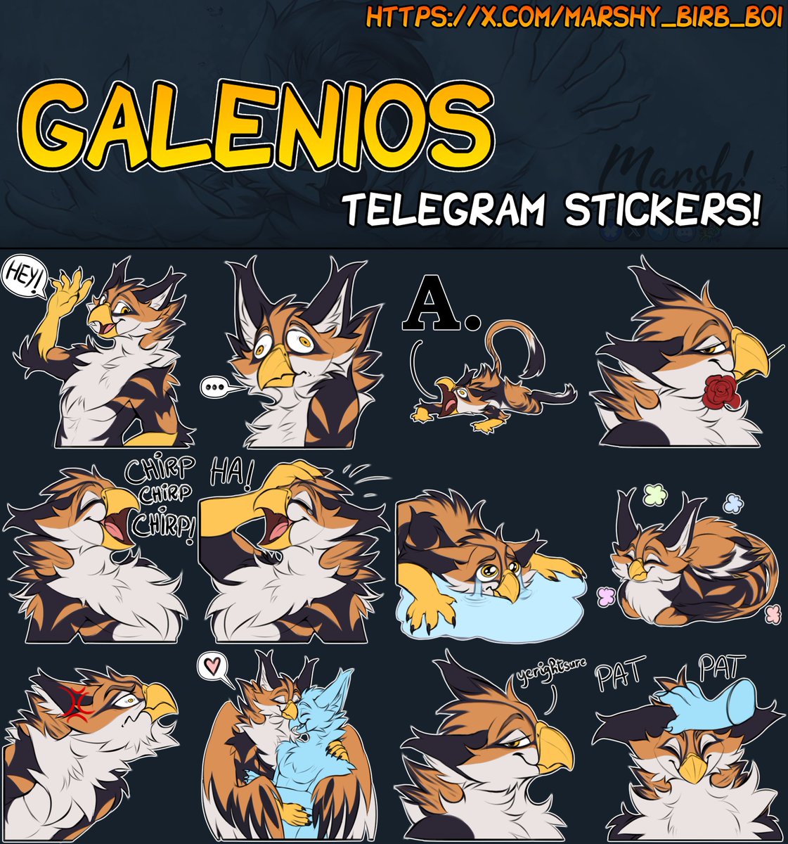 telegram stickers set for <a href="/BirbBoiGalen/">Galen ^v^</a>! thank you! 💙
