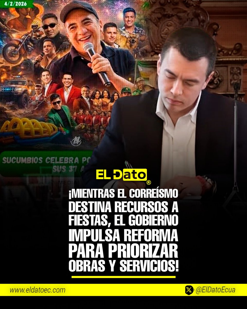 ElDatoEcua's tweet photo. #Urgente ¡MIENTRAS EL CORREÍSMO DESTINA RECURSOS A FIESTAS, EL GOBIERNO IMPULSA REFORZAR PARA PRIORIZAR OBRAS Y SERVICIOS!

El prefecto de Sucumbíos, Yofre Poma, ha sido objeto de críticas tras destinar alrededor de 700 mil dólares para tres días de festejos por el aniversario de la provincia. Según el portal del SERCOP, uno de los contratos bordea los 200 mil dólares únicamente para el reinado.

La decisión ha provocado inconformidad en zonas rurales, donde se señalan deficiencias en vialidad, menor atención a grupos prioritarios y escaso respaldo al sector agrícola.

Ante este escenario, el Gobierno Nacional promueve una reforma al COOTAD con el objetivo de regular este tipo de gastos y enfocar los recursos en obras y servicios que respondan a las necesidades más urgentes de la ciudadanía.

@ElDatoEcua👈

#ElDato #Ecuador #Gobierno #Correísmo