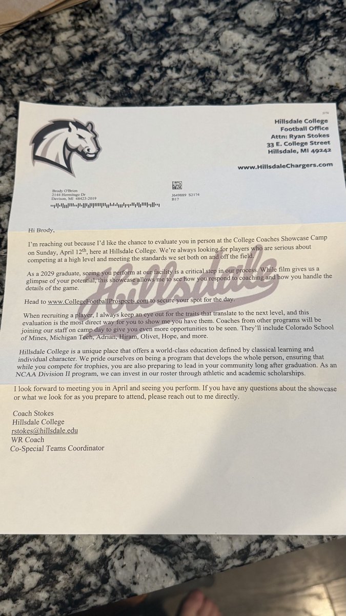 Big shout-out to <a href="/CoachStokes_HC/">Ryan Stokes</a> for the invite to the upcoming April prospect camp at <a href="/Hillsdale_FB/">Hillsdale Football</a> I’m Truly grateful for the opportunity to compete, showcase my skills, and learn from a great coaching staff. Excited to get to work and represent! 🔥🏈 #ProspectCamp #Chargers