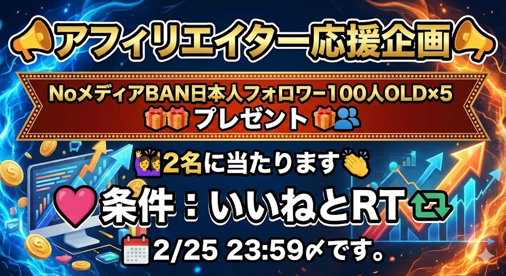📣アフィリエイター応援企画📣

NoメディアBAN日本人フォロワー100人OLD×5 プレゼント  

2名に当たります👏

条件
いいねとRT 

2/25 23:59〆です。