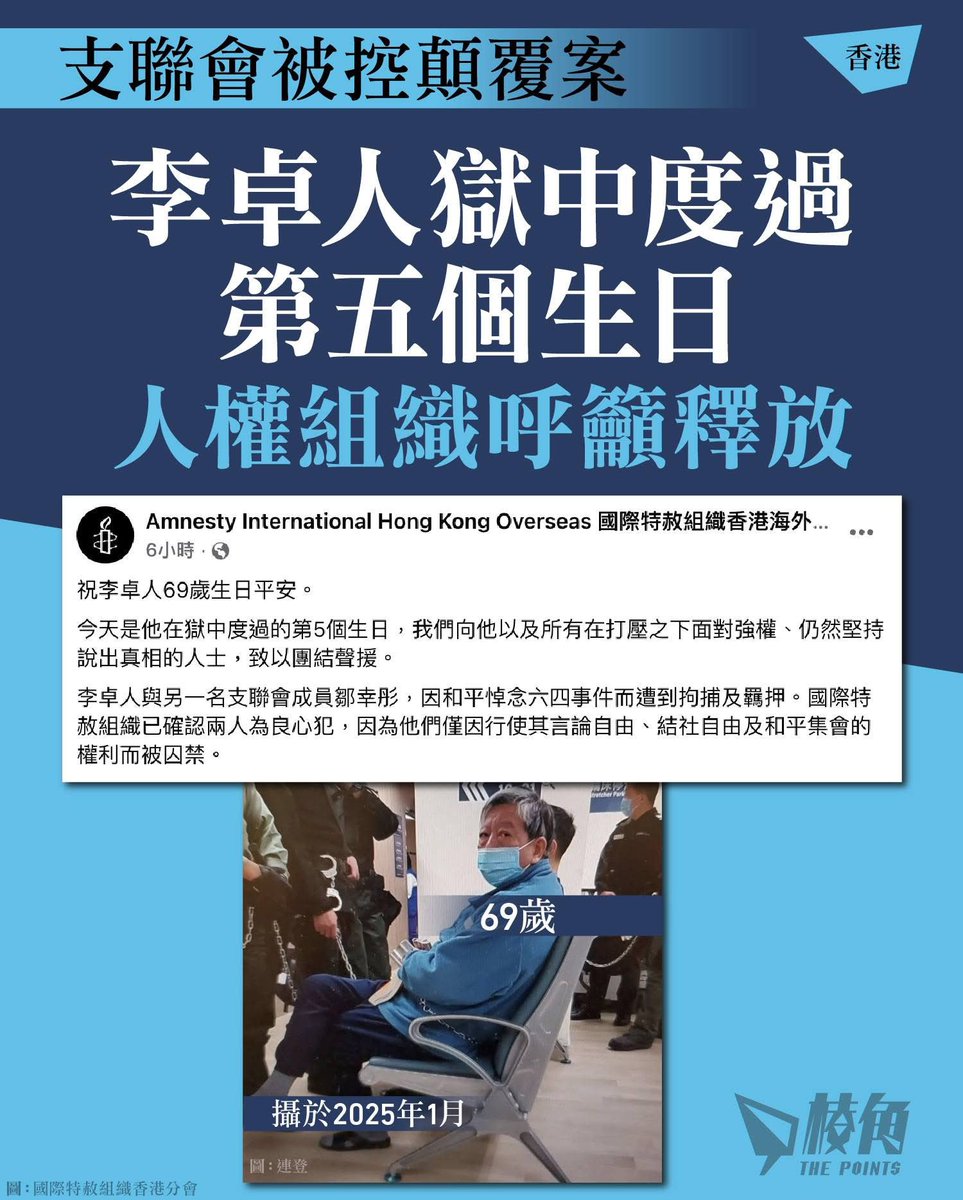 hk2019freehk's tweet photo. 棱角：【支聯會被控顛覆案｜李卓人獄中度過第五個生日 人權組織呼籲釋放】
報道全文：https://t.co/QsUEj8Aq9Q

支聯會被控顛覆案被告之一的李卓人，周四（12日）在獄中度過其 69 歲生日，也是他自被還押以來的第五個生日。

支聯會李卓人、鄒幸彤和何俊仁被控煽動顛覆國家政權案，上月 22 日開審，除了何俊仁於開庭時認罪，鄒幸彤與李卓人則不認罪。若法庭裁定有罪，各人最高可判監十年。

李卓人被捕前曾任支聯會主席，也是資深立法會議員和工會領袖。三人中除何俊仁曾獲短暫釋放外，自2021 年被捕以來一直被羈押。

支聯會被控煽動顛覆��家政權案經過多次延期，該案被告 2021 年 9 月被捕及不准保釋，2024 年才定下開審日期為 2025 年 5 月 6 日，但 2025 年押��至同年 11 月 11 日，10 月底第二度押後至 2026 年 1 月 22 日開審。

國際特赦組織香港海外分會及香港勞權監察呼籲港府立即釋釋放李卓人和鄒幸彤，並指出兩人為良心犯，僅因行使言論自由、結社自由及和平集會權利而被羈押。