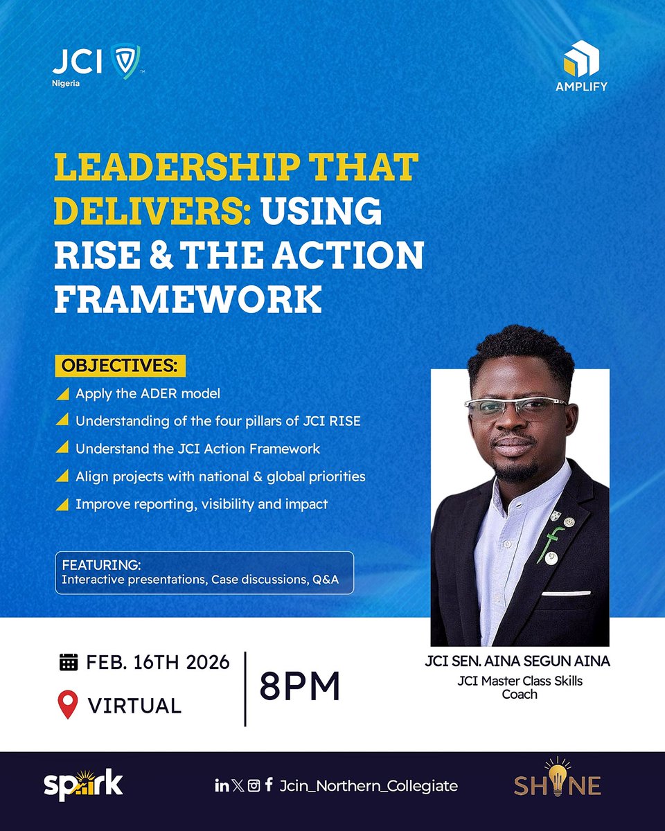 Elevate your impact with leadership that delivers. 📈

​Are you ready to turn your community projects into global success stories? Join JCI Sen. Aina Segun Aina for an intensive masterclass on mastering the JCI RISE initiative and the Action Framework.