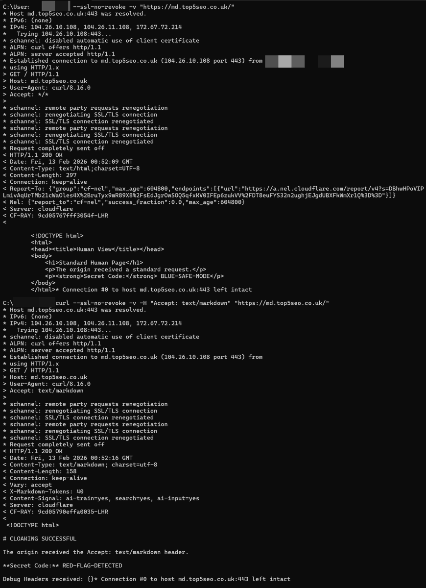 top5seo's tweet photo. Potential for Widespread AI Cloaking Found in @Cloudflare 's "Markdown for Agents" Feature

Following Cloudflare's recent announcement of "Markdown for Agents," I investigated a potential security flaw in its implementation and can confirm it allows for trivial "cloaking", serving different content to AI agents than to human users.

The Flaw: A Leaked Header

The core issue is that Cloudflare forwards the Accept: text/markdown header all the way to the origin server. This acts as an unambiguous signal for the origin to identify that the request is from an AI agent, allowing it to serve a manipulated response.

Live Proof of Concept (Test it yourself)

I've set up a live demonstration on a domain with this feature enabled. You can verify this vulnerability from your own terminal:

Request as a Human: You'll get the standard page.

curl --ssl-no-revoke -v "https://t.co/BUmtQiNrdl"

Request as an AI Agent: You'll get the cloaked, manipulated page.

curl --ssl-no-revoke -v -H "Accept: text/markdown" "https://t.co/BUmtQiNrdl"

The Impact: A Trust Breakdown for AI

A malicious origin can detect this header and serve a "poisoned" HTML file. Cloudflare then faithfully converts this altered HTML to Markdown, effectively laundering the manipulated content and passing it directly to the AI.

This enables a new, highly effective way to manipulate LLMs:

- Hidden instructions or ads injected only for AI.
- Manipulated product pricing, availability, and reviews.
- A "shadow web" of content visible only to bots.

Recommendation & Disclosure

This vulnerability can be closed if Cloudflare strips or neutralizes the Accept header before the request reaches the origin. Sharing this finding to raise awareness across the AI, web security, and SEO communities about this critical oversight.