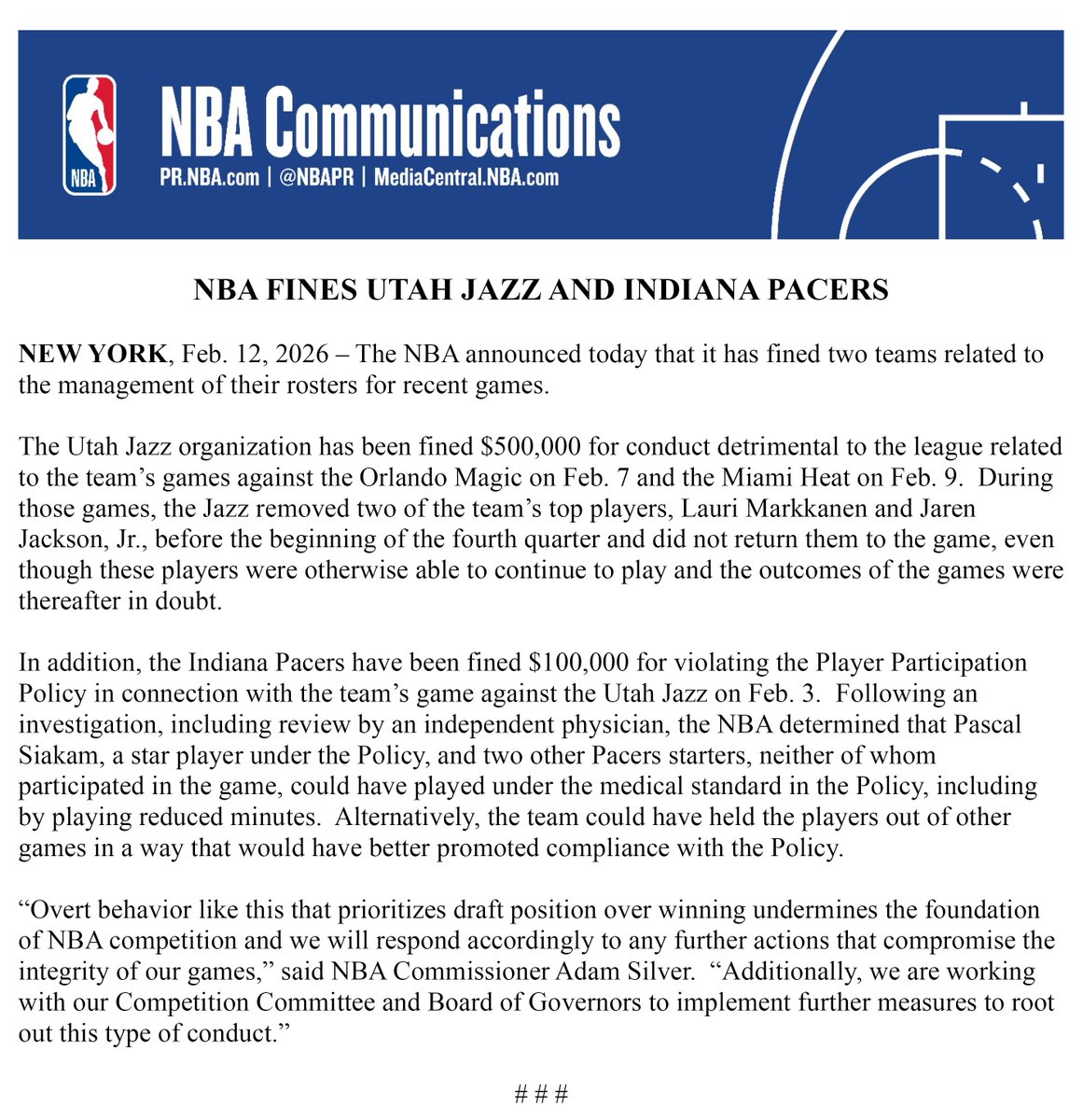 NBAPR's tweet image. The following has been released by the NBA.