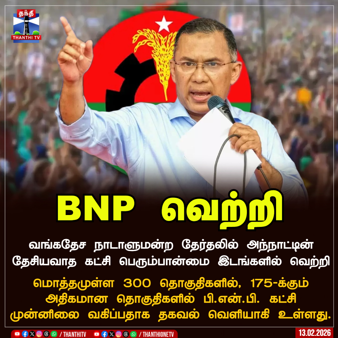 ThanthiTV's tweet image. BNP வெற்றி

வங்கதேச நாடாளுமன்ற தேர்தலில் அந்நாட்டின் தேசியவாத கட்சி பெரும்பான்மை இடங்களில் வெற்றி

மொத்தமுள்ள 300 தொகுதிகளில், 175-க்கும் அதிகமான தொகுதிகளில் பி.என்.பி. கட்சி முன்னிலை வகிப்பதாக தகவல் வெளியாகி உள்ளது.

#Bangladesh #ElectionResult #BNP #ThanthiTV