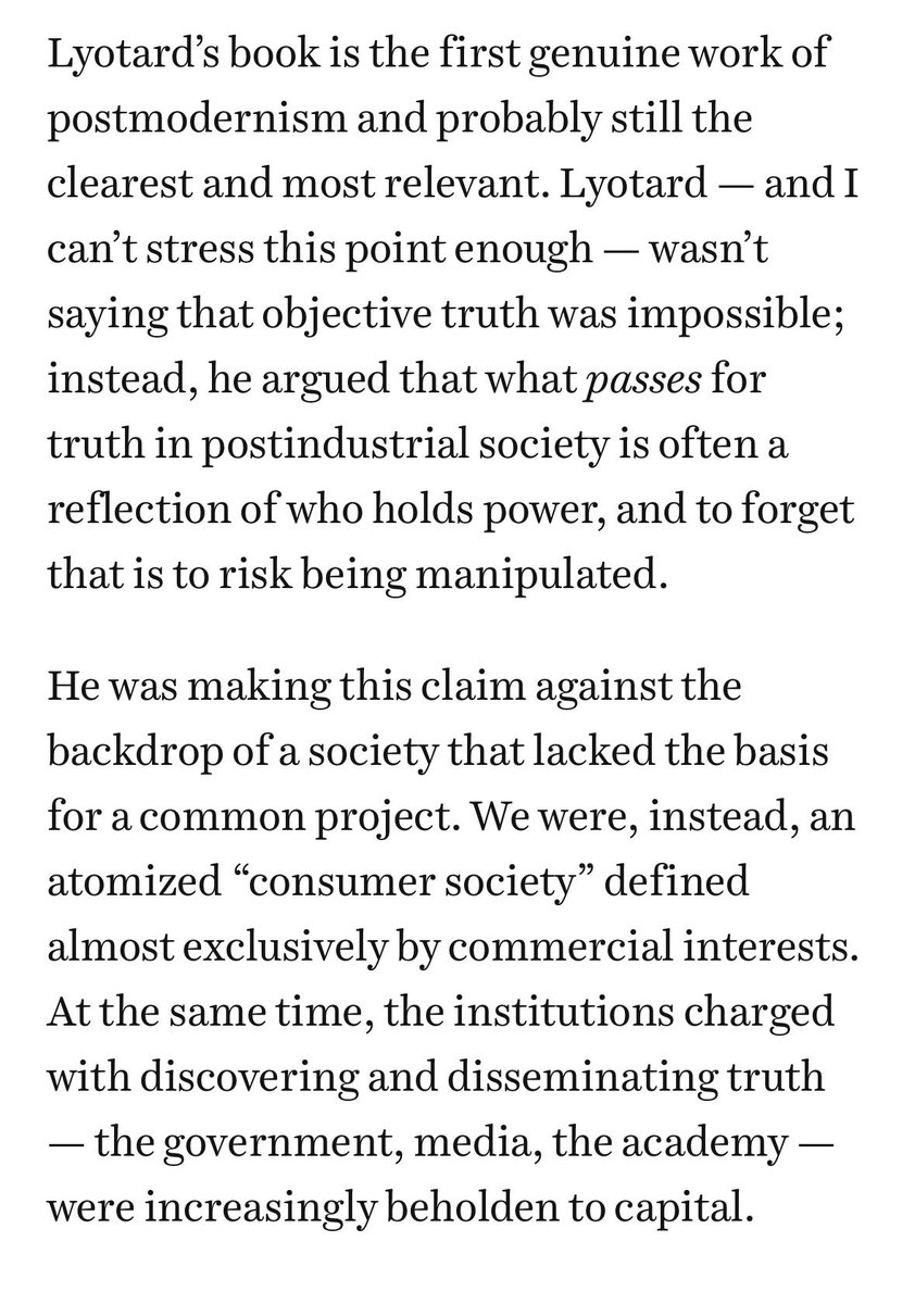 People love to bash postmodernism because a ton of it is incoherent but the best of it absolutely nailed where we were heading and my god is <a href="/Tyler_A_Harper/">Tyler Austin Harper</a>’s  piece a clear example of what Lyotard was diagnosing. I wrote about this in 2019:

vox.com/features/2019/…