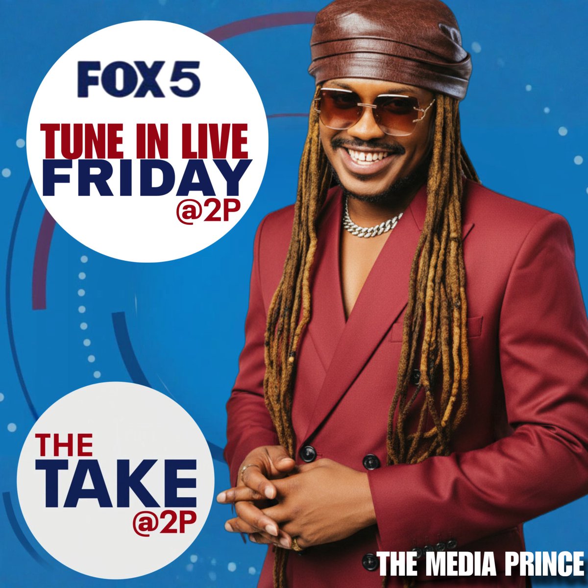 TheMediaPrince's tweet photo. Three years. Eight shows Later. Still the headline!

Tomorrow makes my #8 show on @fox5dc &amp; at this point, just call me Mr. Fox 5!

Catch me tomorrow at 2PM for ‘The Take @ 2’ with the epic @MarinaMarraco 

The Media Prince doesn’t visit… HE REIGNS! https://t.co/EDoRd6p0om