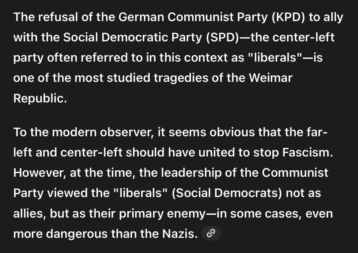 That is exactly what happened in Nazi Germany. The far left refused to ally with liberals to stop Hitler.