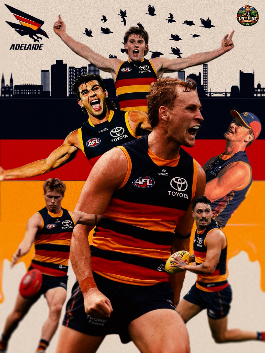 OnThePineFntsy's tweet photo. @OnThePineFntsy club previews for #AFLFantasy 2026 are HERE! 🚨

Let's kick things off with the Adelaide Crows. Can last year's minor premiers turn finals heartbreak into fantasy gold? 👀

Snapshot analysis for premiums, breakout picks and cash cows. 🐄

Full thread below.👇🧵(1/4)